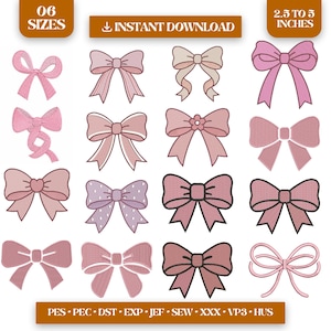 May include: A collection of embroidered bow designs in various shades of pink. The bows range in style, some with polka dots or floral details. The image includes text indicating sizes from 2.5 to 5 inches and instant download availability.