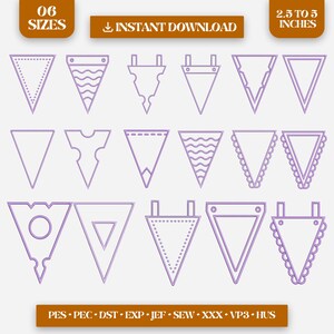 May include: A collection of purple triangular banner designs with various decorative edges and patterns. The image includes text that reads "06 SIZES", "INSTANT DOWNLOAD", and "2.5 TO 5 INCHES". The bottom of the image displays file type extensions.