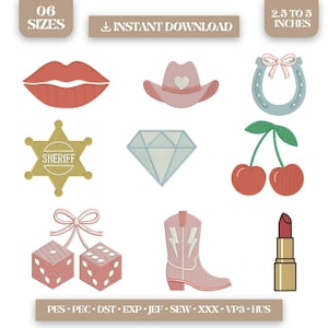 Coquette Western Broderi Design Bundle – Söta Flickiga Ikoner Broderifiler, Boots Lips Cherry Patch Digital Nedladdning