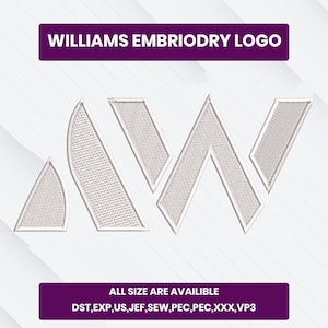 May include: A white embroidered logo with the text "WILLIAMS EMBRIODRY LOGO" in a purple banner. The logo features a stylized "W" design. Below, a purple banner states "ALL SIZE ARE AVAILIBLE".