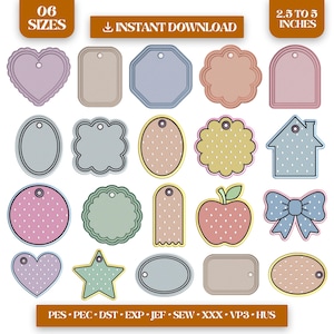 May include: A collection of twenty digital gift tags in various shapes including hearts, stars, apples, bows, and geometric forms. The tags feature solid colors and white polka dot patterns, each with a small hole for hanging, sized 2.5 to 5 inches.