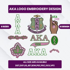 Może przedstawiać: Kolekcja haftów z logo Alpha Kappa Alpha (AKA). Projekty zawierają litery AKA, gest dłoni i herb, wszystko w kolorze zielonym i różowym. Tekst "AKA LOGO EMBROIDERY DESIGN" znajduje się na górze.