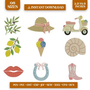 May include: A collection of embroidered designs including a sun hat with a pink bow, a scooter, an ice cream cone, a seashell, a pair of lips, a horseshoe, and a cowboy boot. The text "06 SIZES" and "INSTANT DOWNLOAD" are also present. The designs range from 2.5 to 5 inches.