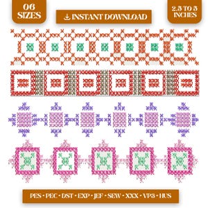 May include: Digital embroidery designs in various colors, including orange, green, red, purple, and pink. The designs feature geometric patterns and are available in 06 sizes, ranging from 2.5 to 5 inches. The image also includes the text "INSTANT DOWNLOAD".