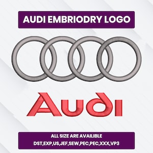 Puede incluir: Diseño de logotipo de bordado Audi con los cuatro anillos entrelazados grises icónicos sobre el texto Audi rojo. El texto "AUDI EMBRIODRY LOGO" está en la parte superior y "ALL SIZE ARE AVAILIBLE" en la parte inferior.