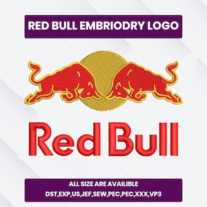 May include: Embroidered Red Bull logo featuring two red bulls facing each other above the brand name. The text "RED BULL EMBRIODRY LOGO" is at the top, and "ALL SIZE ARE AVAILIBLE" is at the bottom.