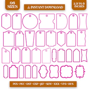 May include: A collection of thirty-four digital tag outlines in various geometric and decorative shapes, each featuring a small hole for hanging. The pink outlines are presented on a white background with text indicating 06 SIZES and 2.5 TO 5 INCHES.