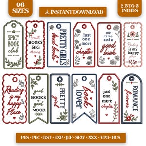 Könnte beinhalten: Ein Set aus zwölf rechteckigen und gewellten Stickmustern mit buchbezogenen Texten und Blumenmotiven in Rot, Blau und Grün. Die Designs enthalten Phrasen wie Spicy Book Club, Reading is my happy place und Just one more chapter, erhältlich in 06 Größen von 6,35 bis 12,7 cm.