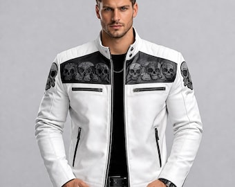 White Leather Biker Jacket for Men | Skull Embroidered Shoulder Design | Stylish Streetwear Outerwear”