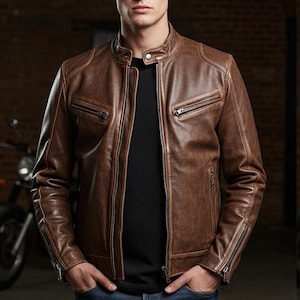 May include: Brown leather jacket with a stand-up collar, two chest pockets, and zippered sleeves. The jacket has a classic design and a distressed finish. The model is wearing a black shirt and blue jeans.