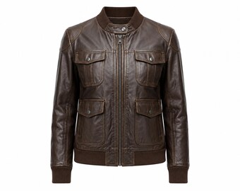Chaqueta bomber de cuero marrón para mujer - Estilo vintage