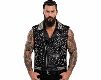 Studded Black Leather Biker Vest, Punk Rock Motorcycle Outerwear/ Christmas & Thanksgiving Gift for Him, Boys, Husband, Dad, Son, Friends |