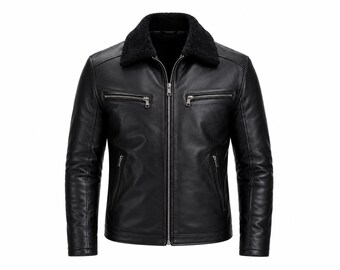 Men's Genuine Cowhide Leather Jacket with Shearling Collar, Biker Style, Winter Warmth