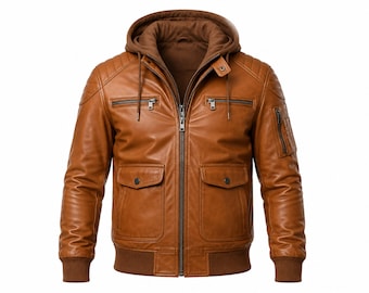 mens leather jacket  Tan Leather Hooded  – Zip Up Casual Bomber Coat
