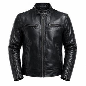 May include: A black leather jacket with a stand-up collar and a front zipper closure. The jacket has two zippered chest pockets and two zippered hand pockets. The sleeves have zippered cuffs. The jacket is a classic style.