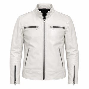 May include: A white leather jacket with a stand-up collar and multiple zippered pockets. The jacket has a full-length zipper closure and zippers on the sleeves. The jacket is a classic style.