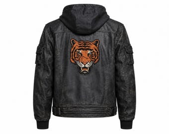 Distressed Black Leather Bomber Jacket with Tiger Embroidery - Urban Military-Inspired Fashion"