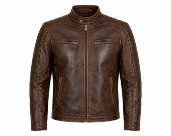 mens leather jacket Brown cow Leather  Vintage Biker Style