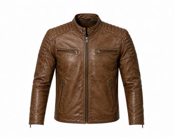 mens leather jacket  brown Leather – Stylish Zipper Pockets – Casual & Fashion Outerwear"