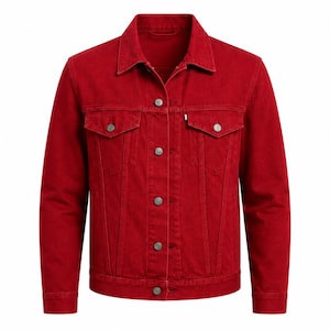 May include: A red denim jacket with a classic design. The jacket features a button-up front, two chest pockets, and two side pockets. The jacket has a collared neckline and long sleeves. The jacket is made of a durable denim material.