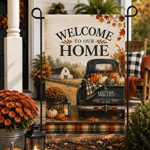 Personalized Vintage Truck Garden Flag, Rustic Fall Family Name Decor