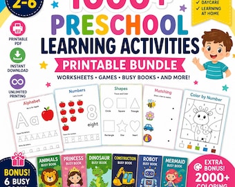 May include: A 1000+ preschool learning activities printable bundle for ages 2-6, featuring worksheets on alphabet, numbers, shapes, matching, and color by number. Includes six busy books with animal, princess, dinosaur, construction, robot, and mermaid themes.