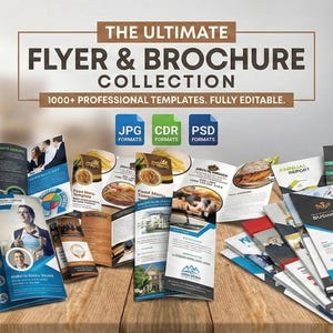 Puede incluir: Una colección de folletos y folletos en una mesa de madera. El texto "THE ULTIMATE FLYER & BROCHURE COLLECTION" está en la parte superior. La imagen incluye varias plantillas, con los formatos JPG, CDR y PSD.