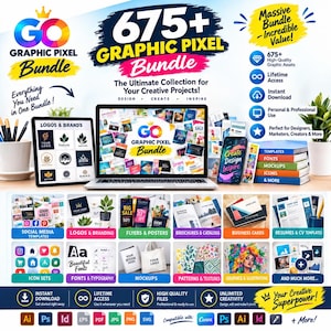 Peut inclure: Une publicité pour un ensemble de ressources graphiques numériques montrant un ordinateur portable avec le logo GO Graphic Pixel Bundle, entouré d'icônes, de textes et d'aperçus de modèles, logos, polices et maquettes pour projets créatifs.
