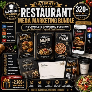 Puede incluir: Un paquete de marketing digital para restaurantes que incluye varias plantillas como menús, folletos y gráficos para redes sociales. La colección contiene más de 320 archivos en formatos PSD, AI, EPS, JPG y PDF, mostrando diseños de hamburguesas, pizza y pasta.