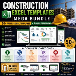 Peut inclure: Un ensemble de produits numériques intitulé Construction Excel Templates Mega Bundle comprenant plus de 50 modèles professionnels et 2 tableaux de bord bonus. Le graphique montre un ordinateur portable, une tablette et un smartphone affichant des graphiques de gestion de projet, des données financières et des tableaux de bord de sécurité, ainsi qu'un casque de chantier jaune et des plans de construction.
