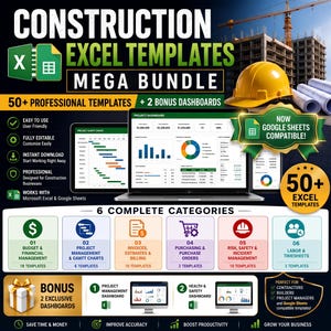 Puede incluir: Un anuncio de producto digital para un paquete de plantillas de Excel para construcción. La imagen muestra un portátil con paneles de control de proyectos, un casco de obra amarillo y texto detallando más de 50 plantillas y compatibilidad con Google Sheets.