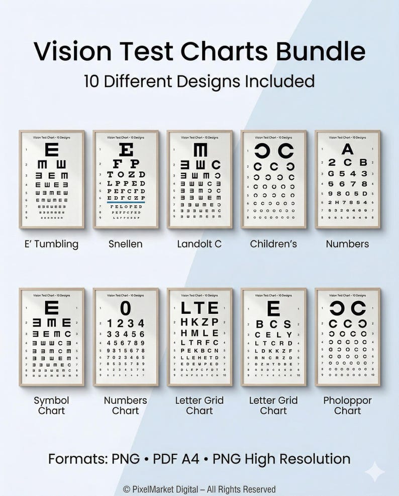 Tumbling E Chart.pdf Printable Eye Test Charts Bundle | 10 Eye Exam Charts | Snellen Chart ...