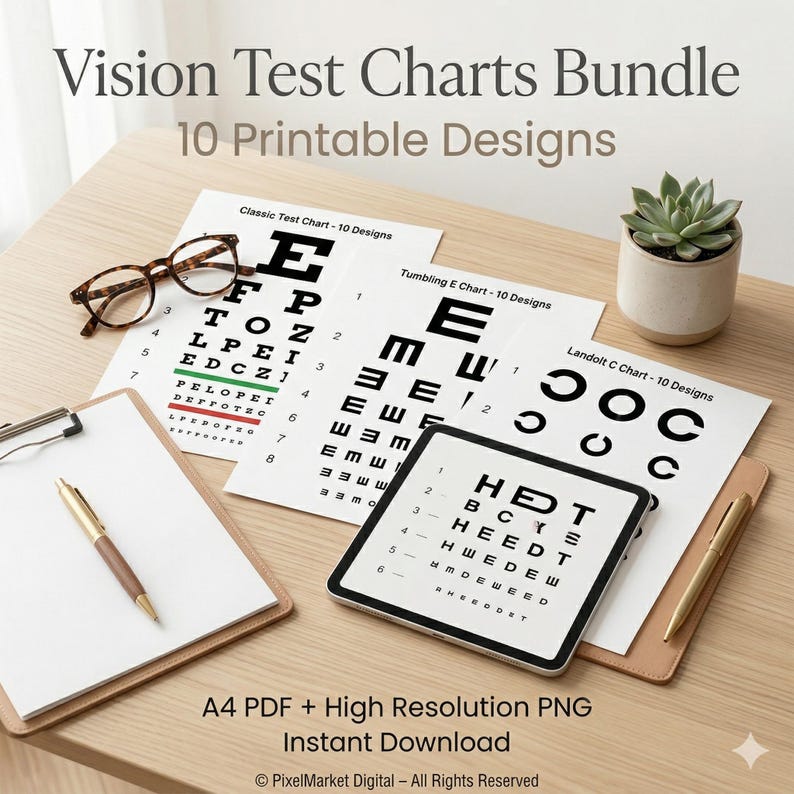 Tumbling E Chart.pdf Printable Eye Test Charts Bundle | 10 Eye Exam Charts | Snellen Chart ...