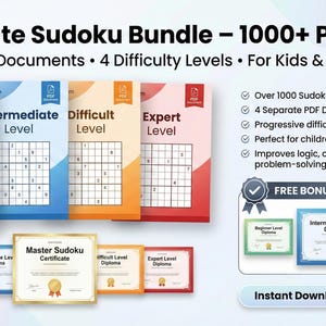 1000 Sudoku Puzzles Printable PDF | Beginner to Expert | Brain Games & Logic Puzzles | Digital Download