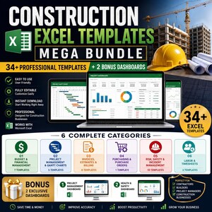 Construction Excel Templates Bundle | Project Management Contractor Spreadsheets | Budget, Gantt, Invoice & Safety Tools