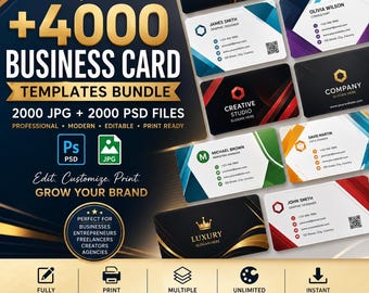 4000+ Business Card Template Bundle, Editable PSD Business Card Designs, Printable Business Cards, Photoshop Templates, Instant Download