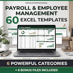 May include: A digital product display featuring 60 Excel templates for payroll and employee management. The screen shows a payroll dashboard with charts and data tables. Text includes Premium Professional, 6 Powerful Categories, and 6 Bonus Files Included.