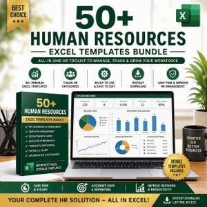 Peut inclure: Un ensemble numérique de plus de 50 modèles Excel de ressources humaines comprenant un ordinateur portable affichant un tableau de bord RH avec des graphiques, une boîte de produit intitulée 50+ Human Resources Excel Templates Bundle et une tasse noire.