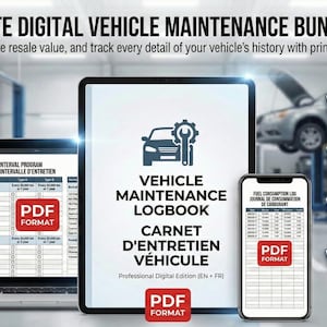 Könnte beinhalten: Digitales Fahrzeugwartungspaket mit druckbaren PDFs. Enthält einen Laptop, ein Tablet und ein Smartphone, die Fahrzeugwartungsprotokolle anzeigen. Das Paket enthält auch zusätzliche Servicenotizen, Ersatzteilaufzeichnungen und Fahrzeugwartungsprotokolle.