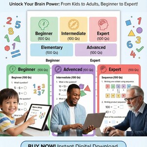 Peut inclure: Visuel éducatif avec le texte "500 Défis de Mathématiques Mentales et de Séquences" et "5 Niveaux pour Tous les Âges." L'image présente des problèmes de mathématiques pour différents niveaux, de débutant à expert. Inclut le texte "Achetez maintenant ! Téléchargement numérique instantané."