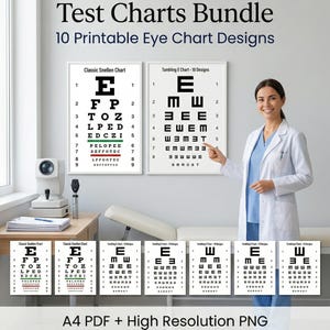 Könnte beinhalten: Professionelles Visionstest-Charts-Bundle mit 10 druckbaren Augentafel-Designs. Das Bild zeigt eine Frau im weißen Kittel, die auf Augentafeln zeigt. Die Tafeln umfassen klassische Snellen- und E-Designs. Der Text enthält "A4 PDF + High Resolution PNG".