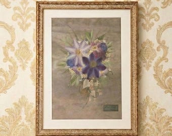 Pressed Flower Gold Frame: Classical Wall Art Made of Clematis, Grapevine, and Olive Leaves