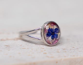 Pressed Flower Ring: Real Dried Hydrangea, Snowflake & Blue Lace Flower in Sterling Silver