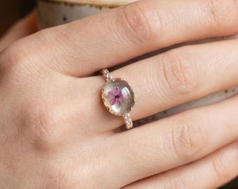 925 Silver Pressed Flower Ring, Lace Flower Sealed in Resin, Adjustable Band