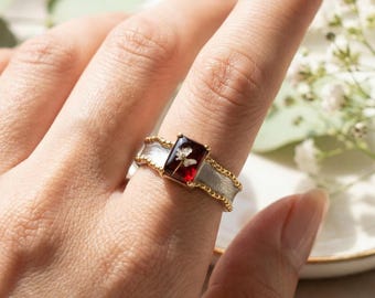 Sterling Silver Pressed Flower Ring with Red Garnet: Nature Inspired Jewelry