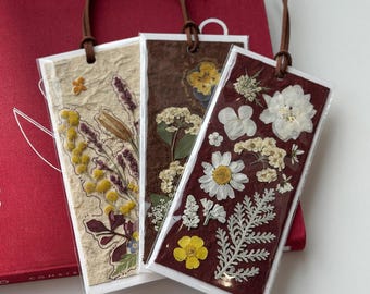 Pressed Flower Bookmark: A Collage of Various Real Flowers on Dongba Paper