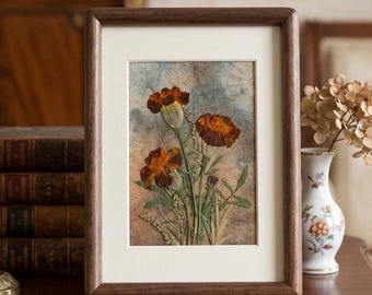 Pressed Flower Frame - Marigold & Wormwood on Gradient Dip-Dyed Paper | Botanical Wall Decor