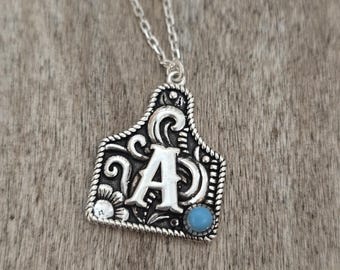 Collar con inicial y placa de identificación de vaca en plata de ley 925. Collar con nombre y placa de identificación de ganado del oeste. Turquesa y plata.