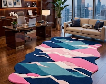 Tapete de lã tufado à mão com padrão de montanhas – Tapete abstrato com ondas rosa e azul, formato irregular para decoração de casa.