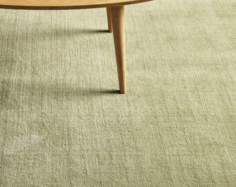 Handmade Olive Green Wool Rug – Modern Cut Pile Carpet for Living Room